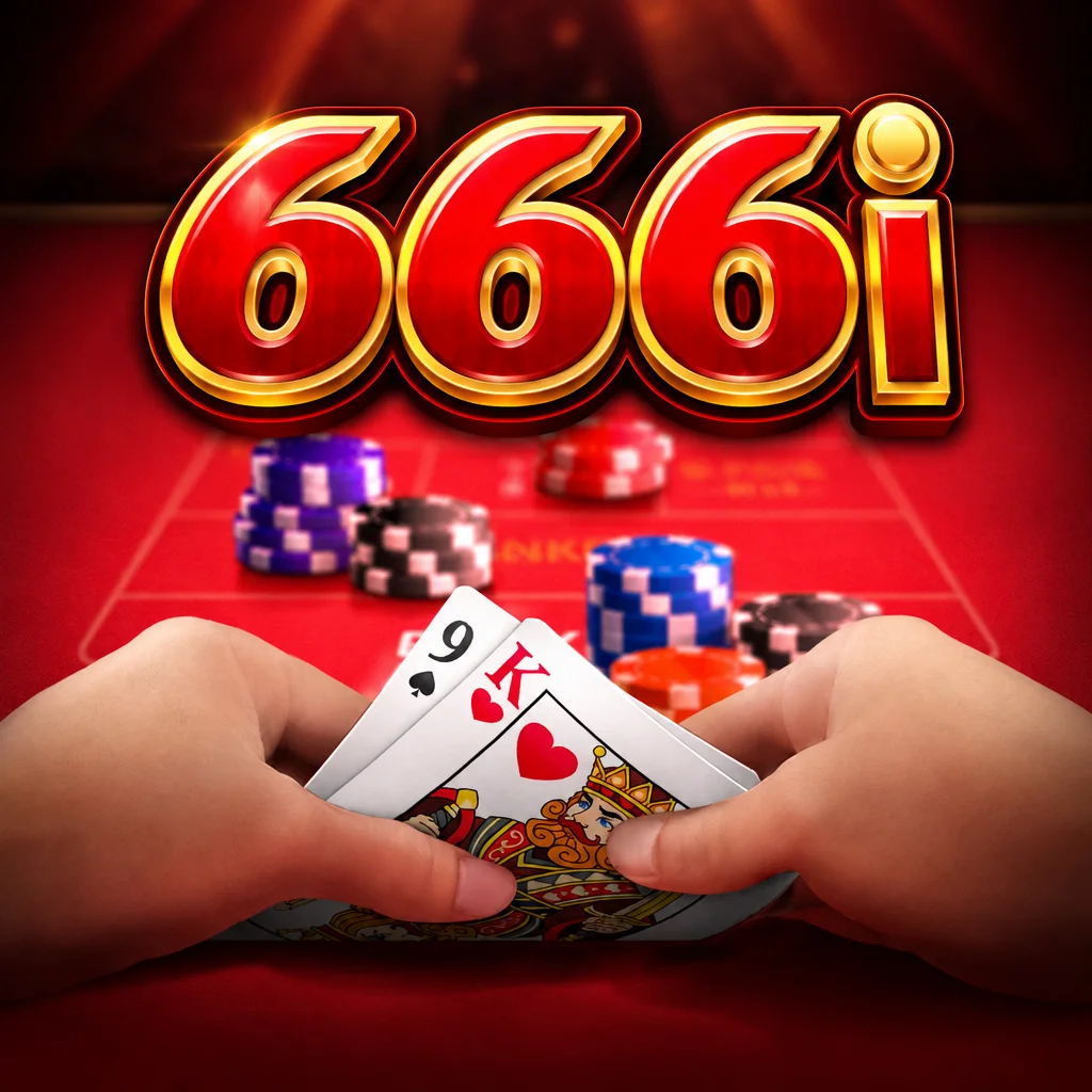 Tangan memegang kartu remi dan tumpukan koin kasino pada meja Baccarat Deluxe di 666i