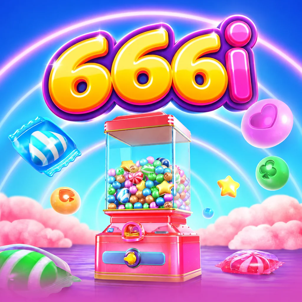 Mesin permen warna-warni berlatar langit cerah dalam Candy Superwin di 666i